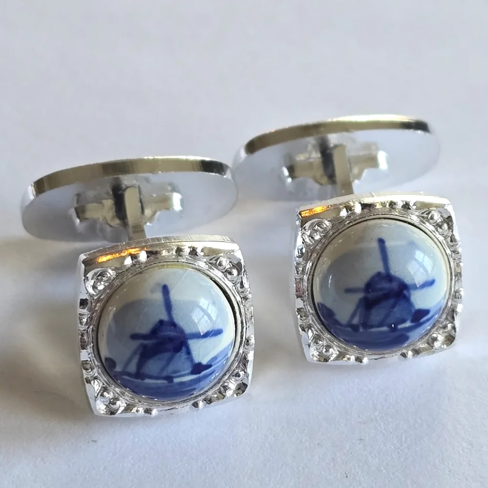 Vintage cufflinks Delft windmill silver tone Dutch blue white cuff links